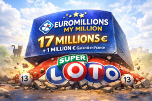 Visuel opposant le jackpot EuroMillions de 17 millions d’euros, avec 1 million garanti en France, au Super Loto du vendredi 13