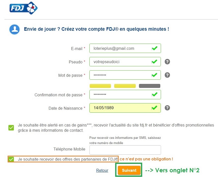 début du formulaire d'inscription sur FDJ.fr